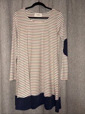 Puella Cream Stripe Long Sleeve Swing Dress with Navy Accents and elbow patches